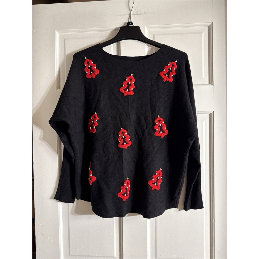 Aaeda Sweater WMS M Black/Red Christmas Tree Detail Pullover Holiday Party Soft‎